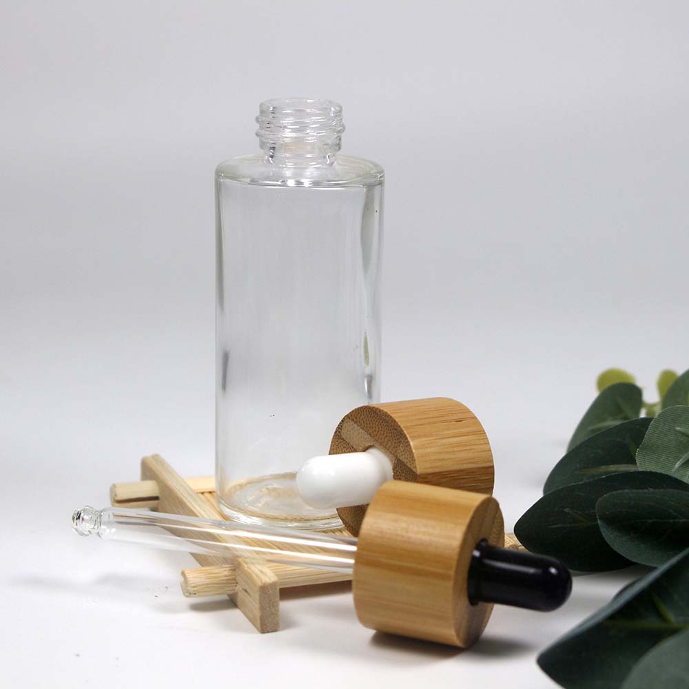 Eco Friendly Bamboo Cover clear Glass Dropper Bottle Cosmetic Pipette Essential Oil Empty Packaging Container 50ml