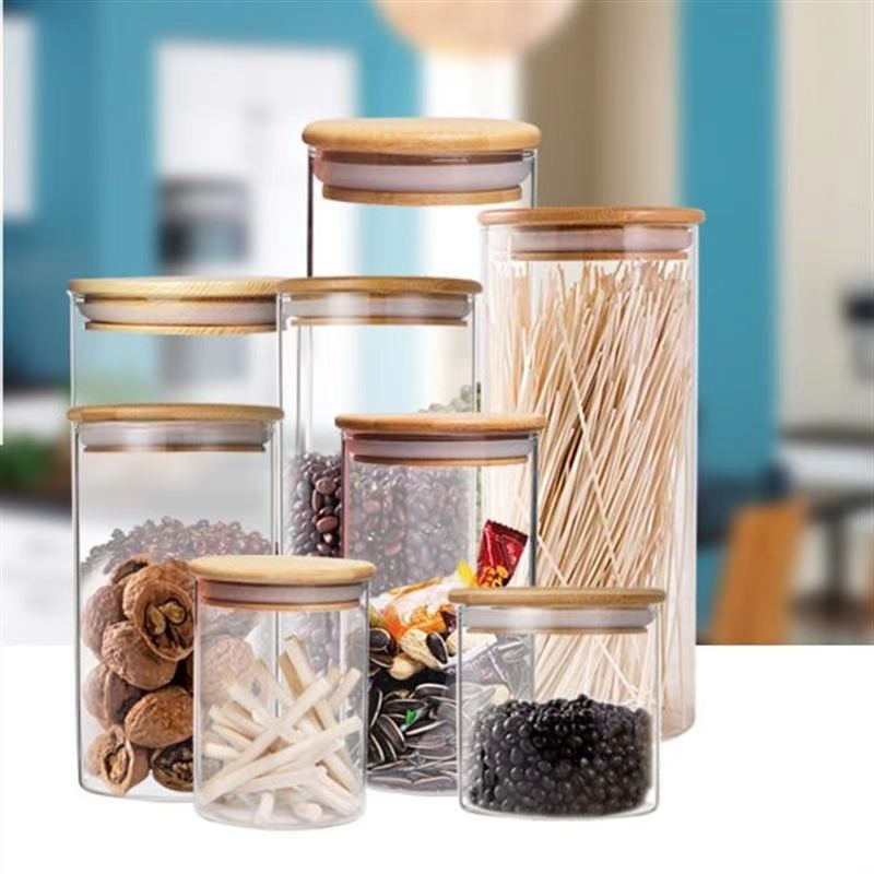 Eco-Friendly Empty Food Storage Glass Jars And bottles with Bamboo Lid and Silicone Ring