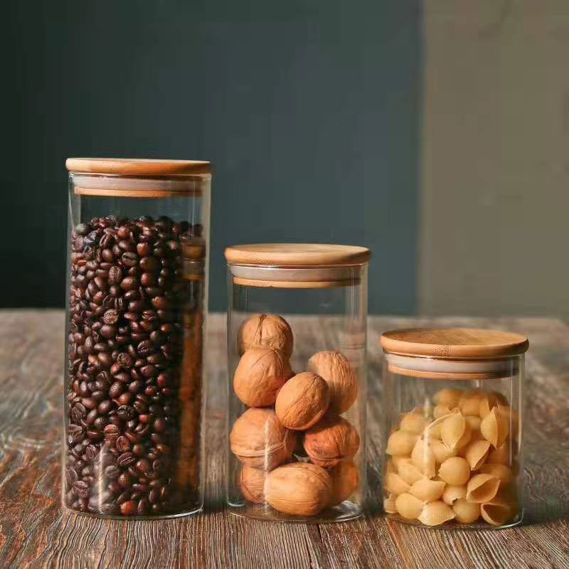 Eco-Friendly Empty Food Storage Glass Jars And bottles with Bamboo Lid and Silicone Ring