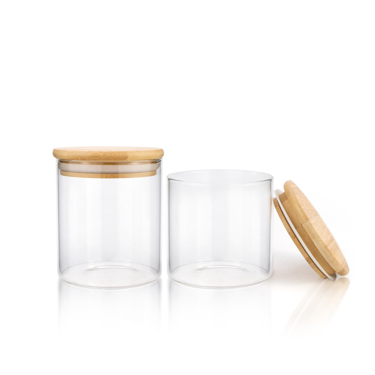 Eco-Friendly cheap 250ml borosilicate glass clear empty glass candle storage container jars with bamboo wooden cork lid