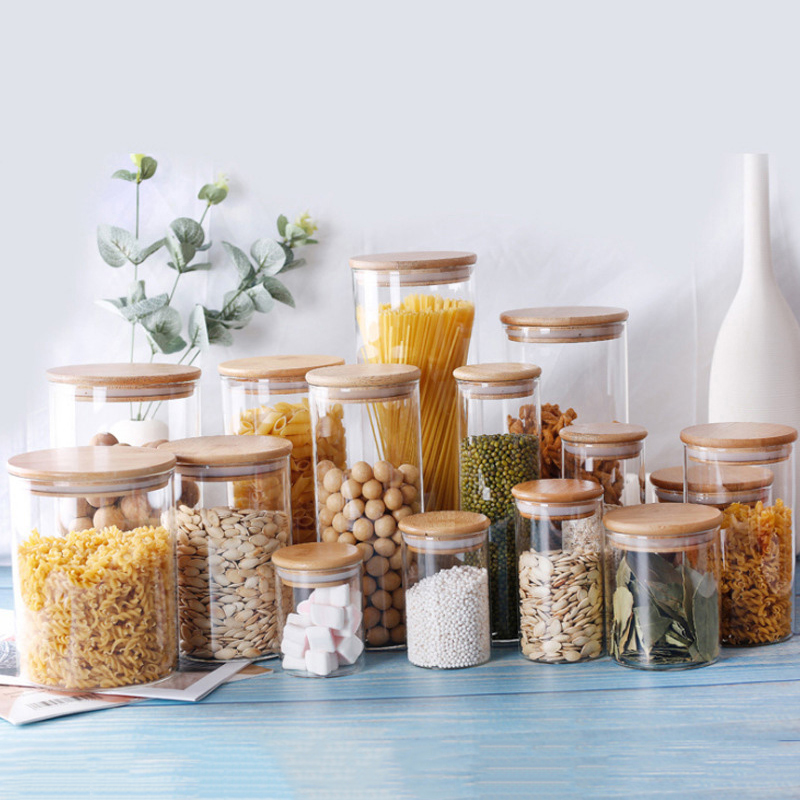 Eco-Friendly keep dry glass storage jar Transparent glass candy jar wide mouth glass jar with bamboo lid