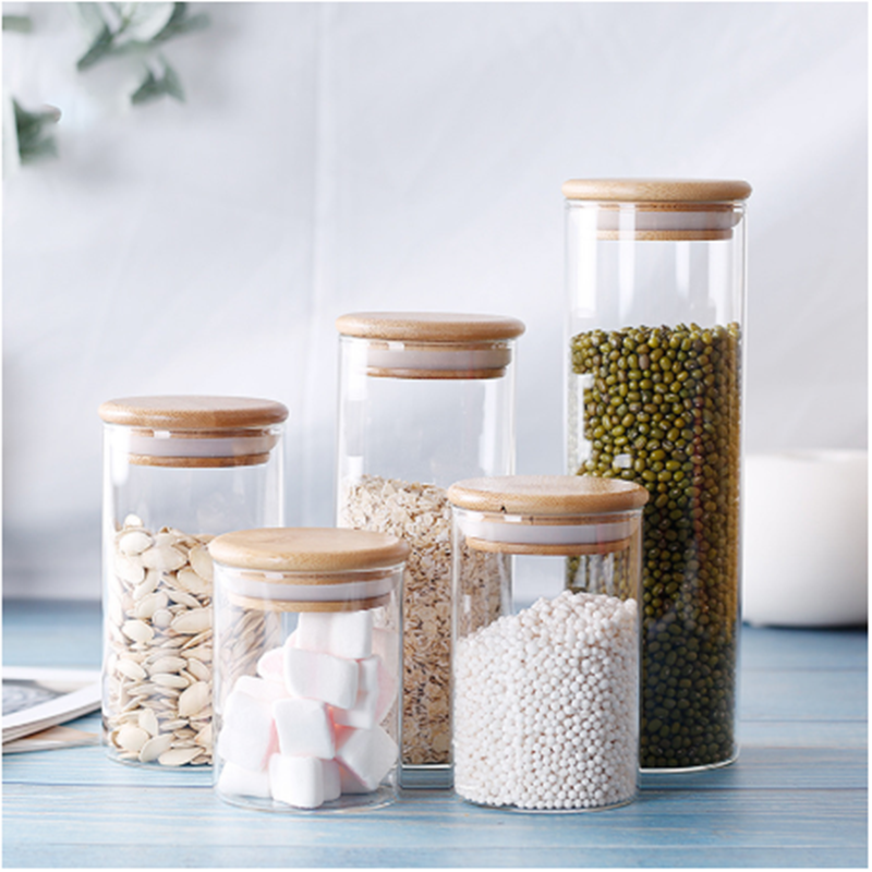 Eco-Friendly keep dry glass storage jar Transparent glass candy jar wide mouth glass jar with bamboo lid
