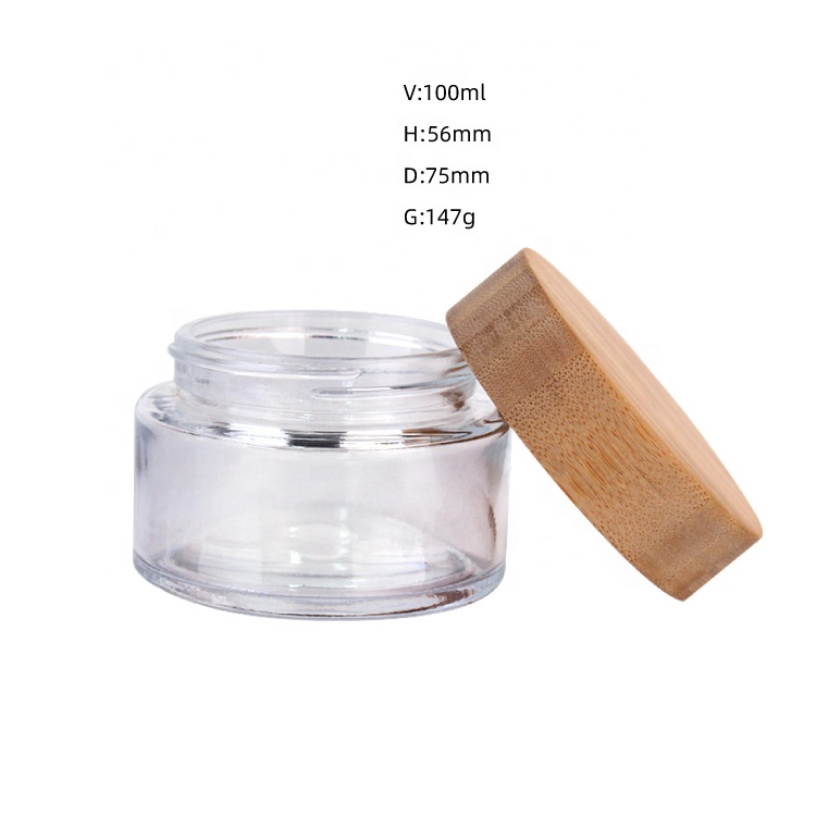 Eco friendly 100ml clear round cosmetics containers and packaging with bamboo wooden lids