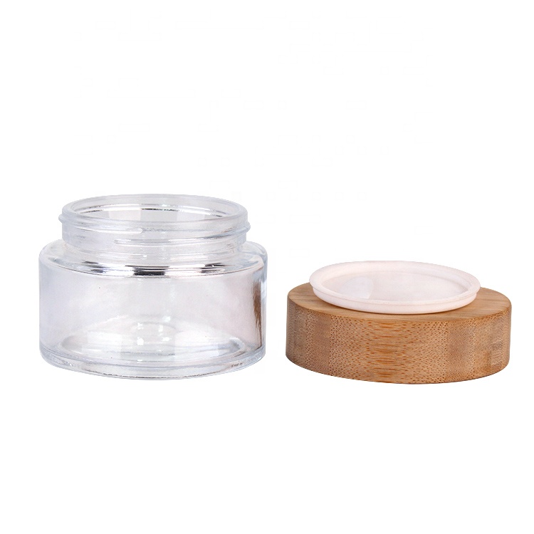 Eco friendly 100ml clear round cosmetics containers and packaging with bamboo wooden lids