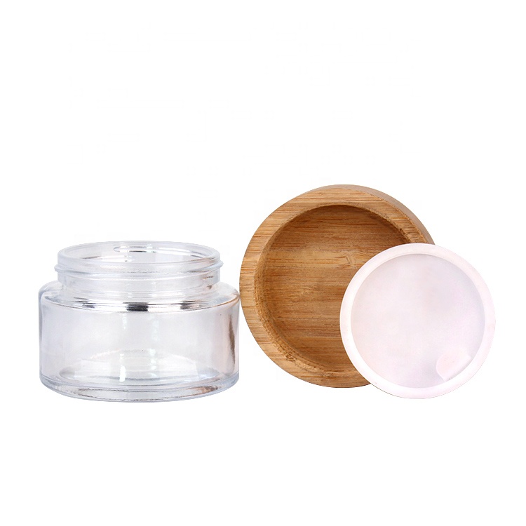 Eco friendly 100ml clear round cosmetics containers and packaging with bamboo wooden lids