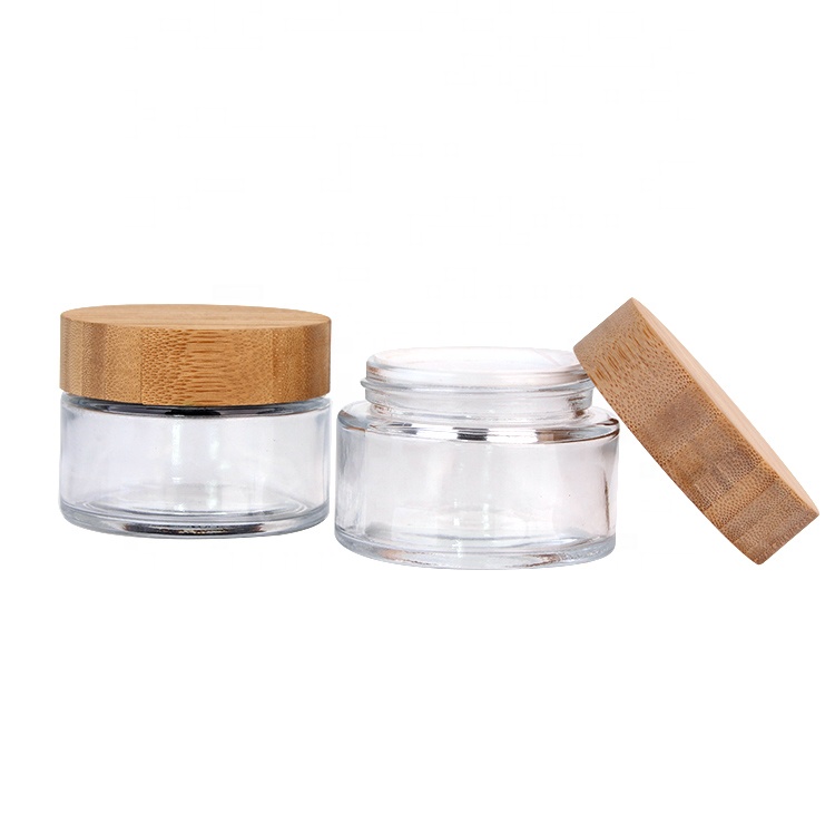 Eco friendly 100ml clear round cosmetics containers and packaging with bamboo wooden lids