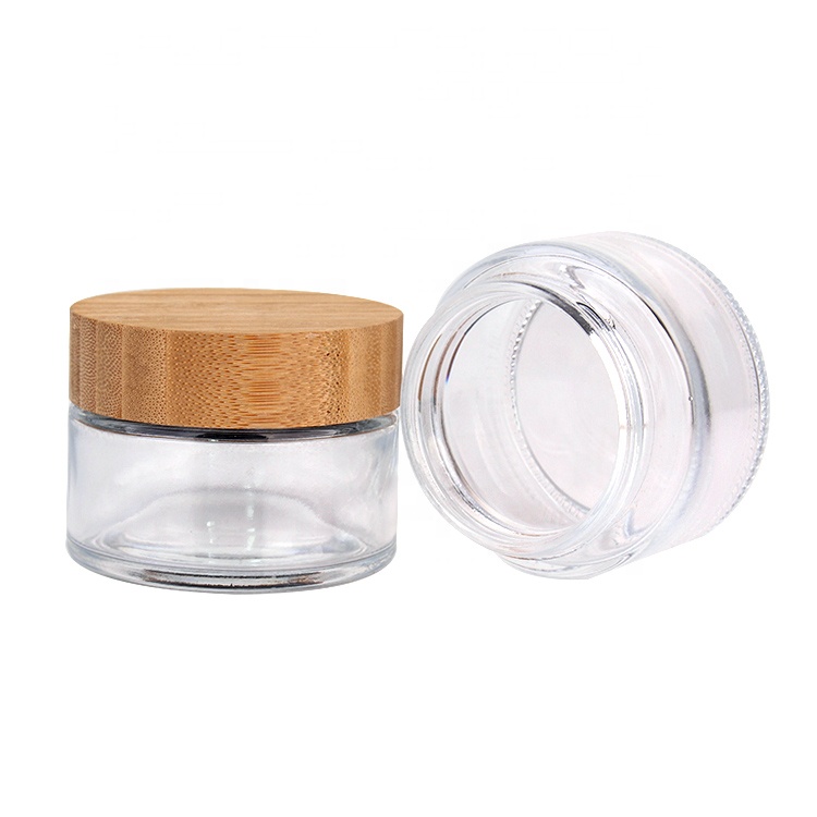 Eco friendly 100ml clear round cosmetics containers and packaging with bamboo wooden lids