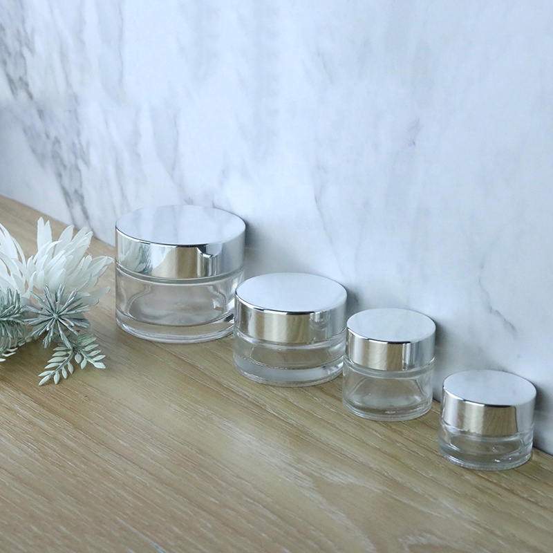 Eco-friendly 1oz 30ml high transparency clear round glass jar with UV silver lid (GJM03)