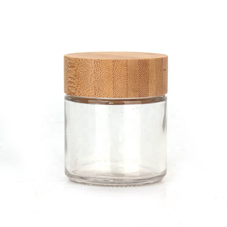 Eco friendly 3oz 90ml round food package storage glass jar with screw bamboo wood lid