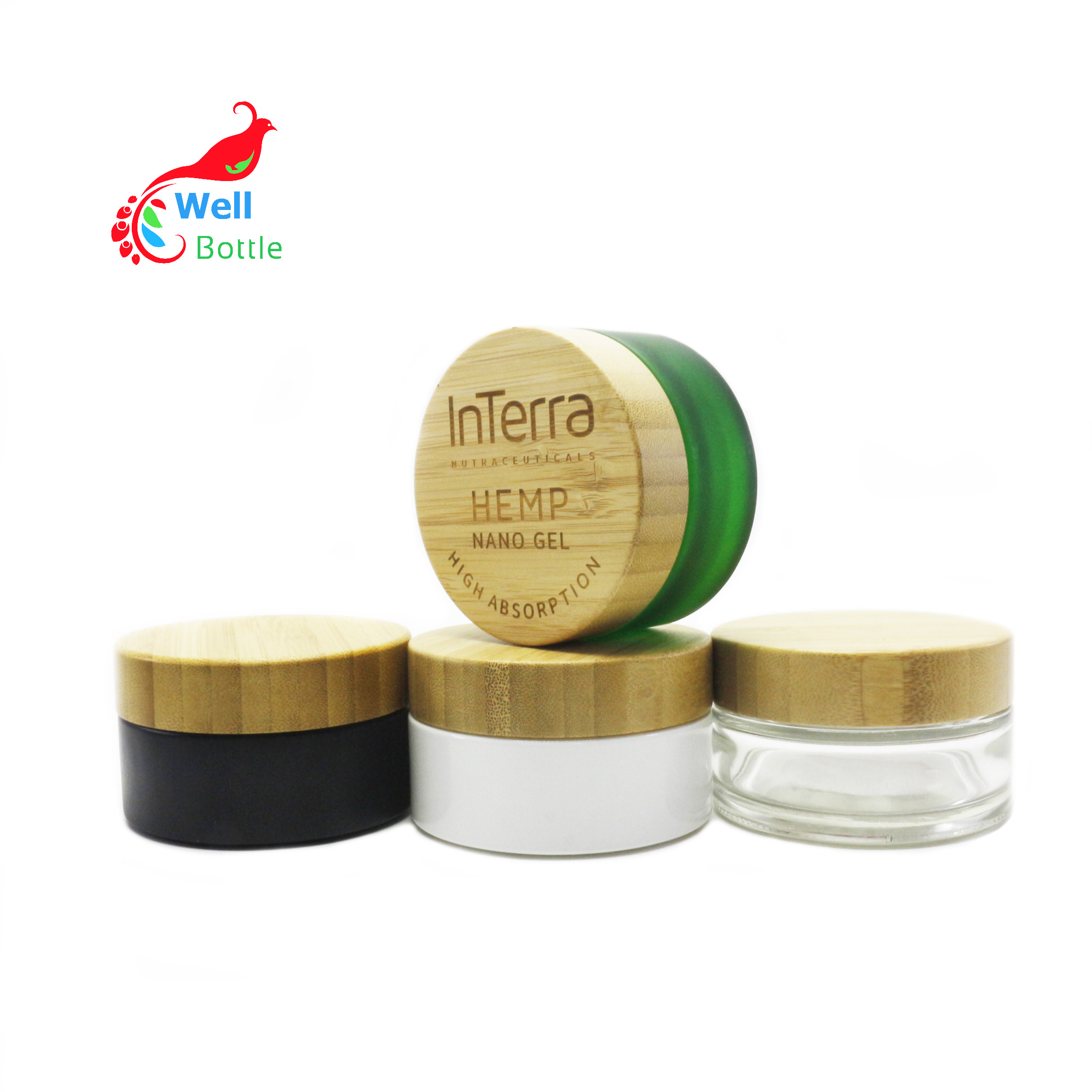 Eco friendly 5g 10g 15g 30g 50g 100g glass jar with bamboo engraving lid for CBD cream cosmetic containers BJ-100D