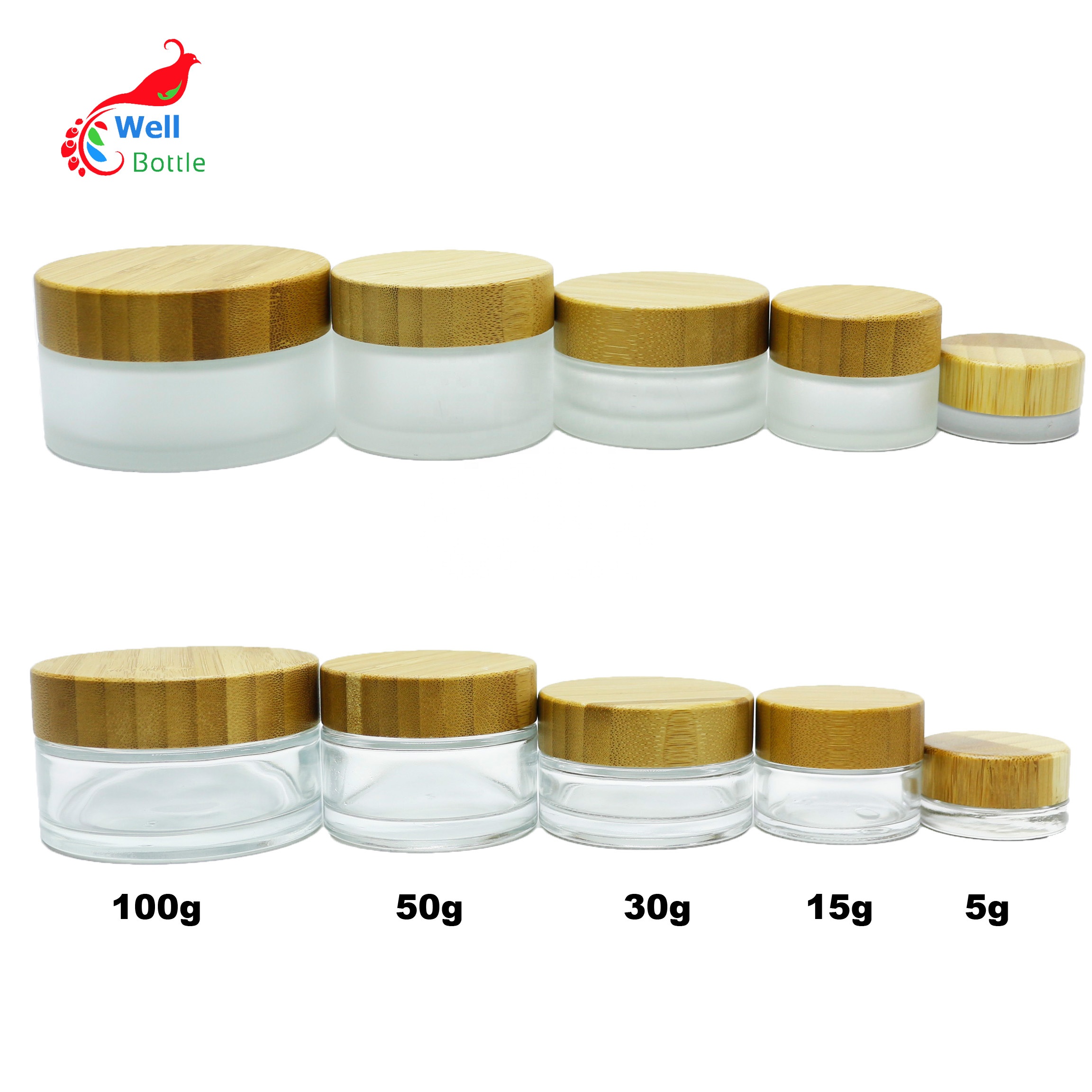 Eco friendly 5g 10g 15g 30g 50g 100g glass jar with bamboo engraving lid for CBD cream cosmetic containers BJ-100D