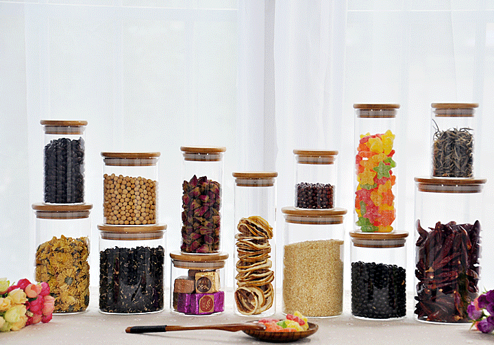 Eco-friendly 80ml 100ml 120ml 150ml 1600ml empty mini clear glass spice storage jar with bamboo cork lid