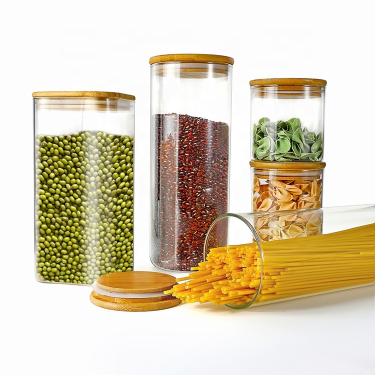 Eco-friendly Borosilicate Cookie Candy Honey Food Glass Storage Jar With   Airtight Bamboo Lid Storage Tank