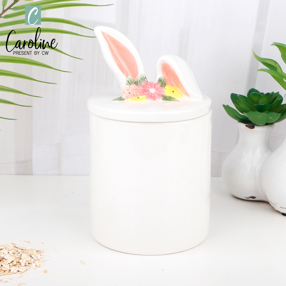 Eco-friendly Ceramic 3D Bunny Ear Canister Storage Jar with Lid