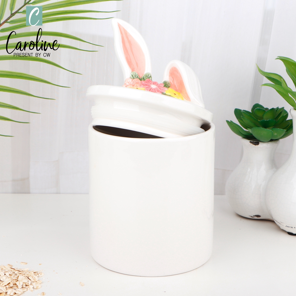 Eco-friendly Ceramic 3D Bunny Ear Canister Storage Jar with Lid