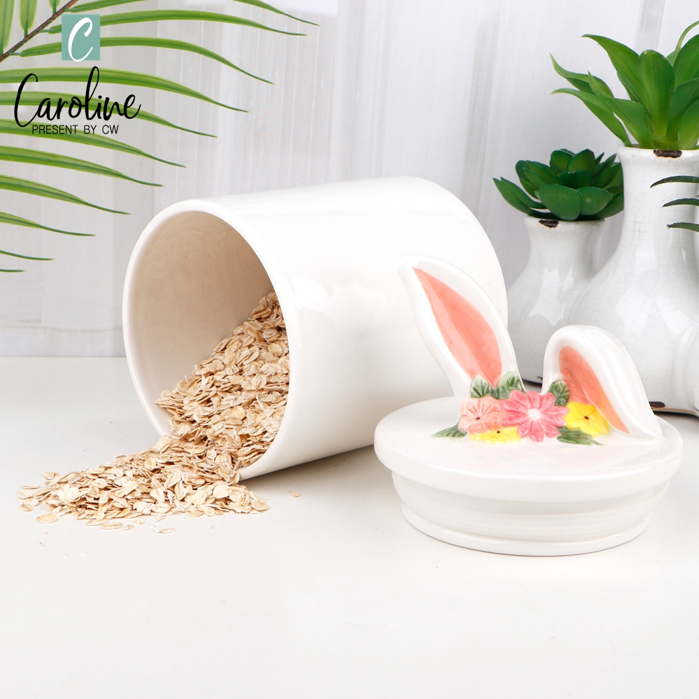 Eco-friendly Ceramic 3D Bunny Ear Canister Storage Jar with Lid