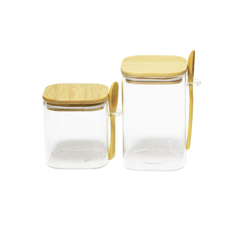 Eco-friendly Food Storage Container square Glass Jar With Bamboo Lid  and spoon