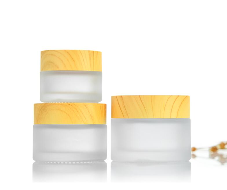Eco friendly Frosted Glass Cream Jars Natural lids Empty Refillable Cosmetic Containers