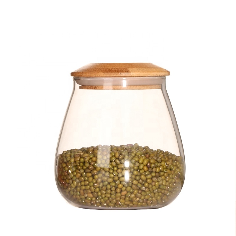 Eco-friendly Hand Blown Clear Cereal Sugar Tea Borosilicate Glass Jar With Airtight Bamboo Lid
