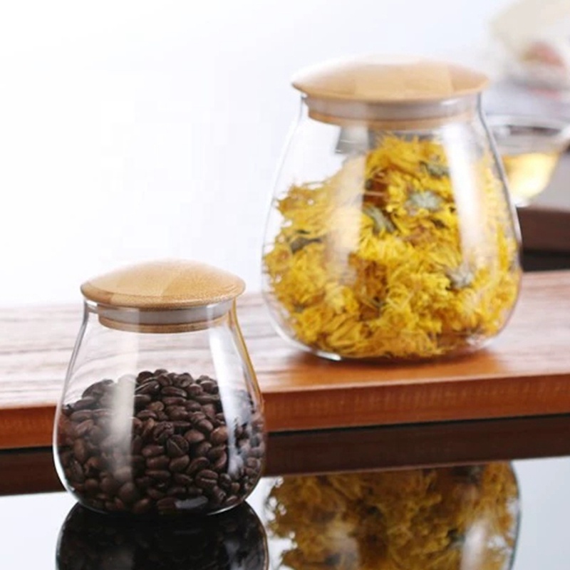 Eco-friendly Hand Blown Clear Cereal Sugar Tea Borosilicate Glass Jar With Airtight Bamboo Lid