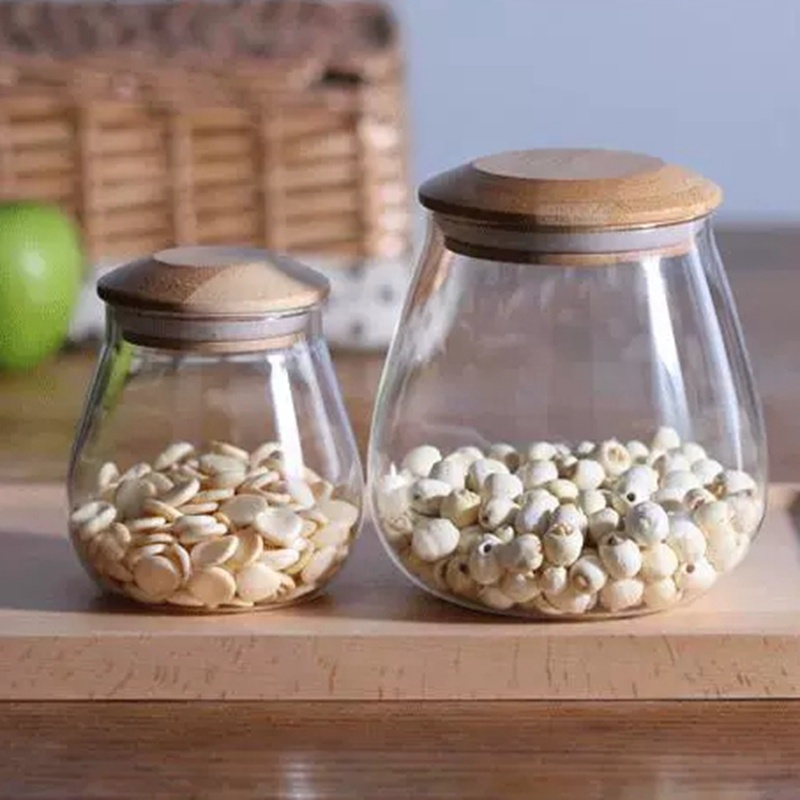 Eco-friendly Hand Blown Clear Cereal Sugar Tea Borosilicate Glass Jar With Airtight Bamboo Lid