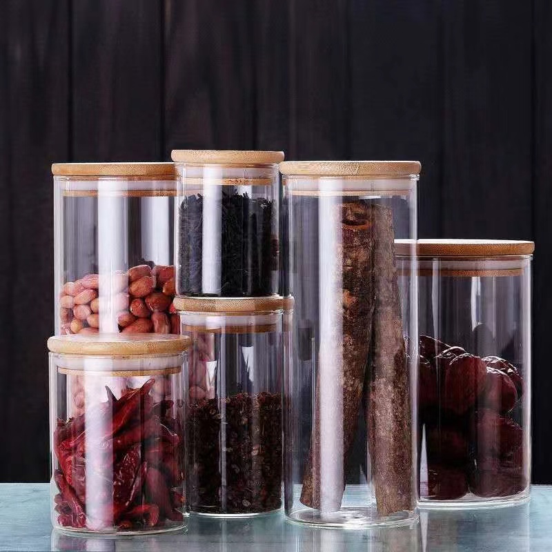Eco-friendly Kitchen Round Square High Borosilicate Glass Food Storage Jar with Bamboo Lids