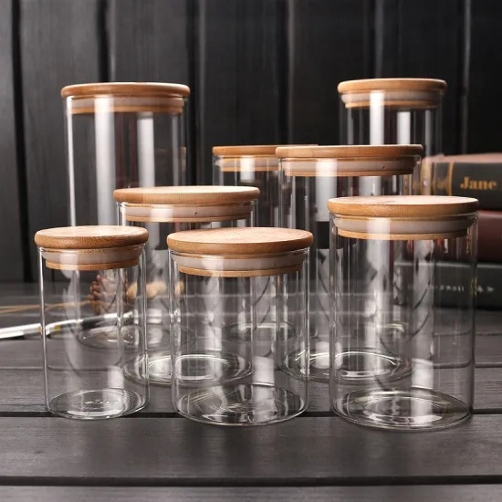 Eco-friendly Kitchen Round Square High Borosilicate Glass Food Storage Jar with Bamboo Lids