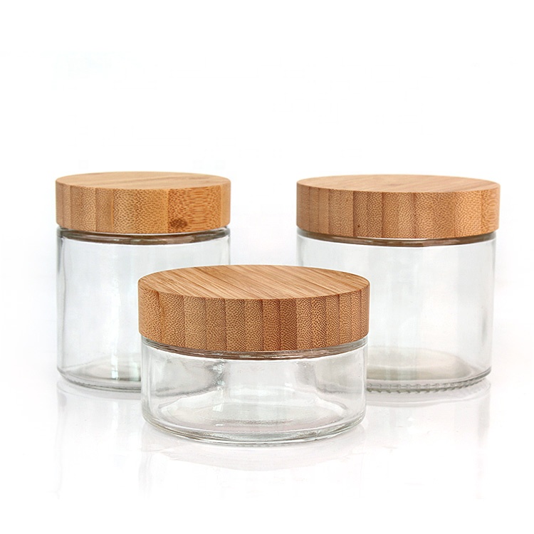 Eco-friendly Recyclable wide mouth 200ml 300ml 400ml 650ml 700ml cosmetic glass cream jar with bamboo lid