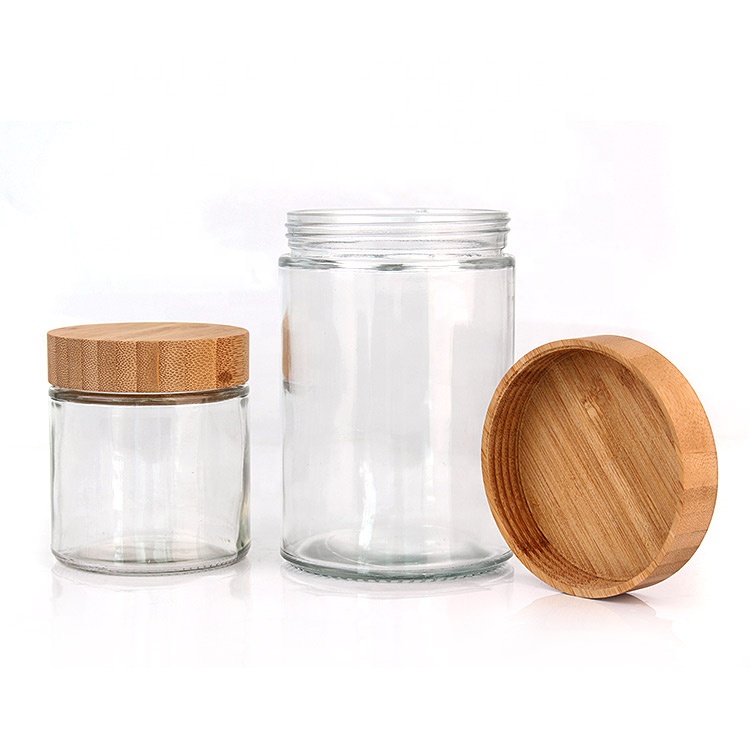 Eco-friendly Recyclable wide mouth 200ml 300ml 400ml 650ml 700ml cosmetic glass cream jar with bamboo lid