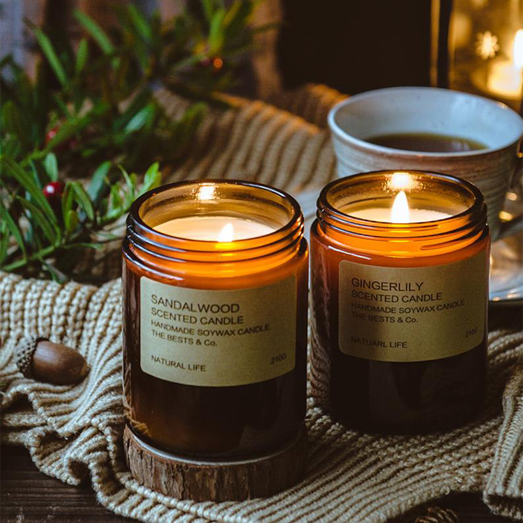 Eco-friendly amber glass candle jar, frosted glass candle jar with lid