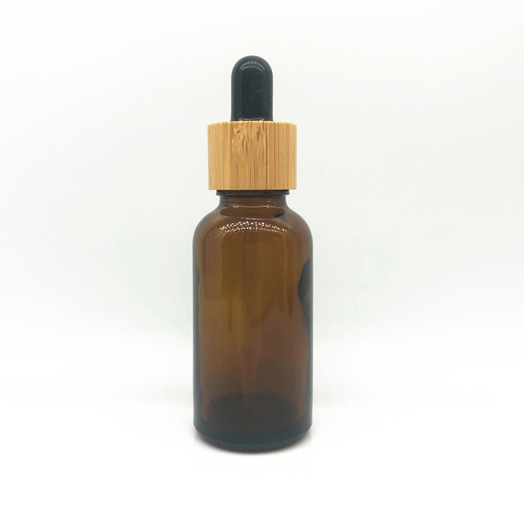 Eco friendly amber glass dropper bottles with bamboo cap lids 10ml 15ml 20ml 30ml 50ml 100ml