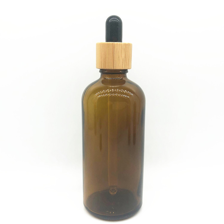Eco friendly amber glass dropper bottles with bamboo cap lids 10ml 15ml 20ml 30ml 50ml 100ml