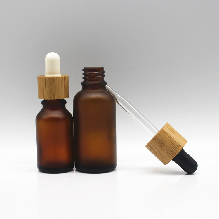 Eco friendly amber glass dropper bottles with bamboo cap lids 10ml 15ml 20ml 30ml 50ml 100ml