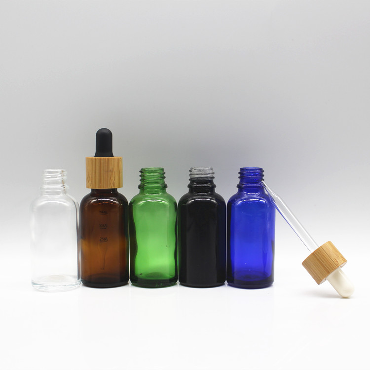 Eco friendly amber glass dropper bottles with bamboo cap lids 10ml 15ml 20ml 30ml 50ml 100ml