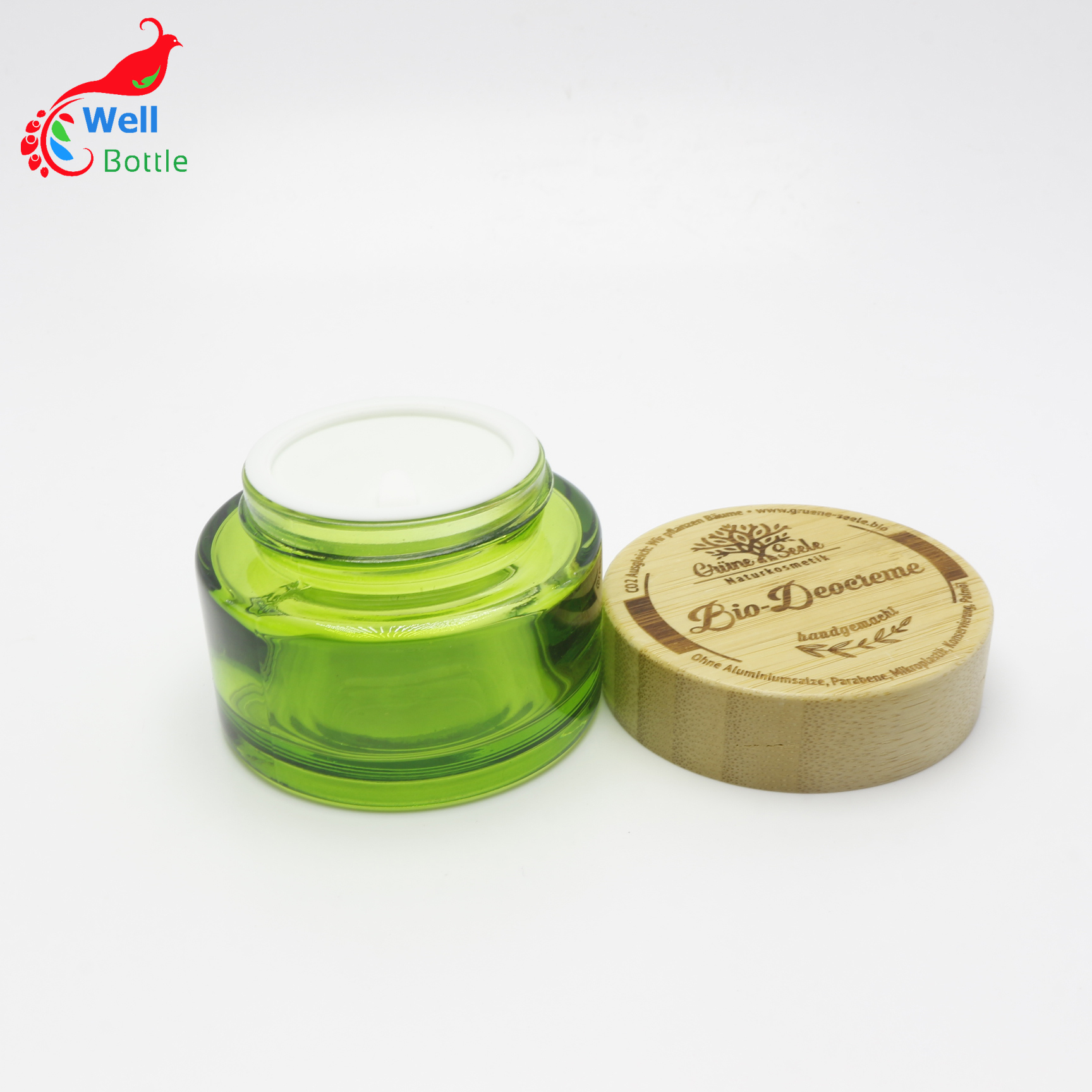 Eco friendly bamboo packaging empty cosmetic cream green glass container 50g bamboo jar with lid J133E