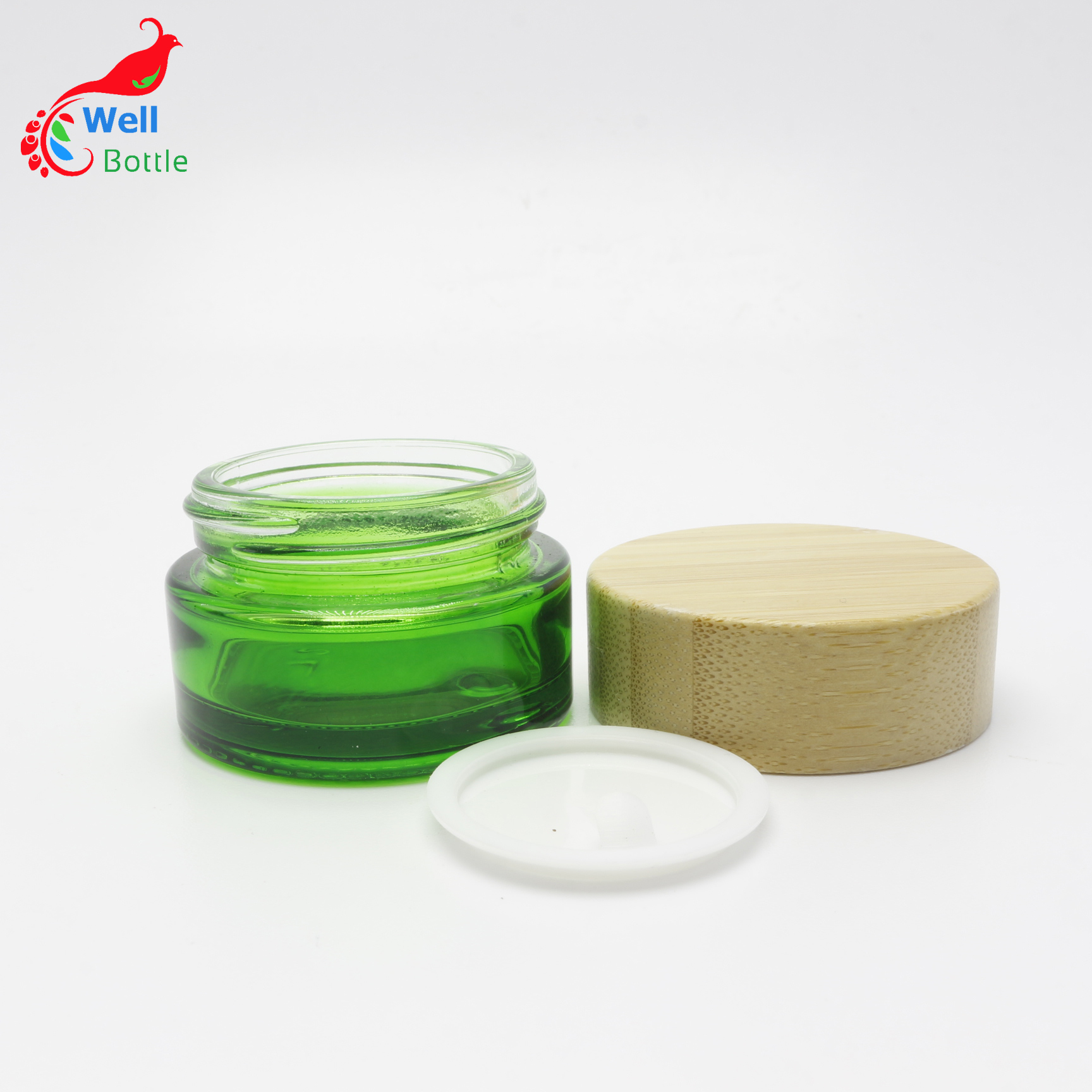 Eco friendly bamboo packaging empty cosmetic cream green glass container 50g bamboo jar with lid J133E
