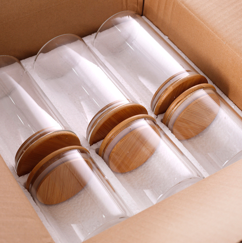 Eco-friendly borosilicate cookie candy honey food glass storage jar with airtight bamboo lid storage tank Storage