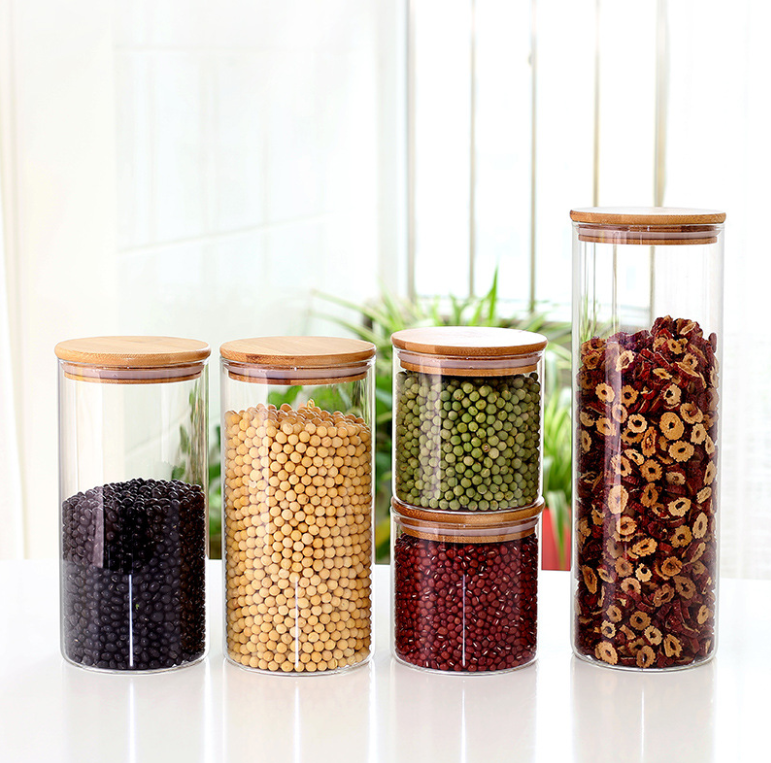 Eco-friendly borosilicate cookie candy honey food glass storage jar with airtight bamboo lid storage tank Storage