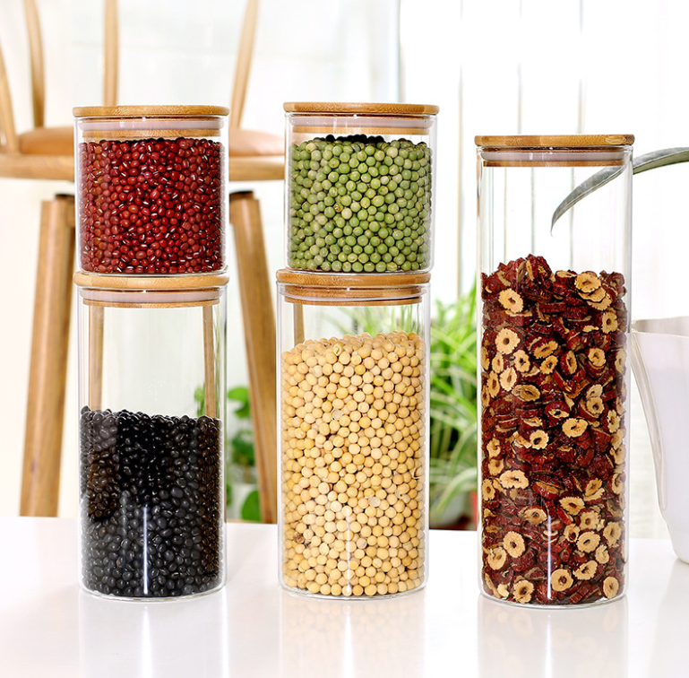 Eco-friendly borosilicate cookie candy honey food glass storage jar with airtight bamboo lid storage tank Storage