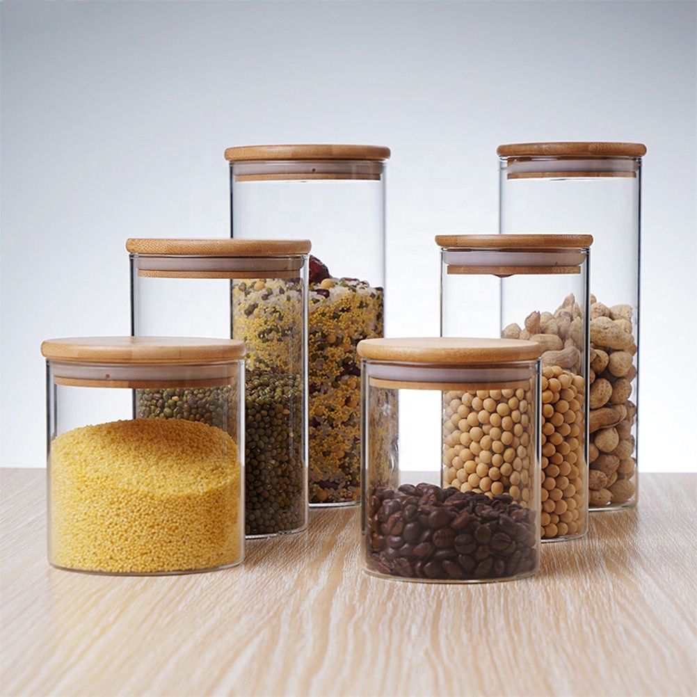 Eco-friendly borosilicate cookie candy honey food glass storage jar with airtight bamboo lid storage tank