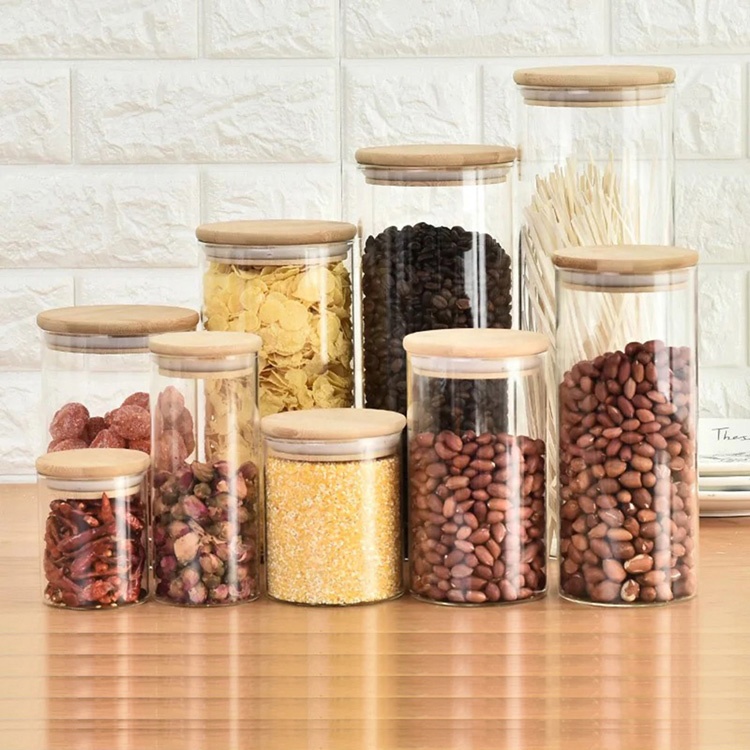 Eco-friendly borosilicate cookie candy honey food glass storage jar with airtight bamboo lid storage tank