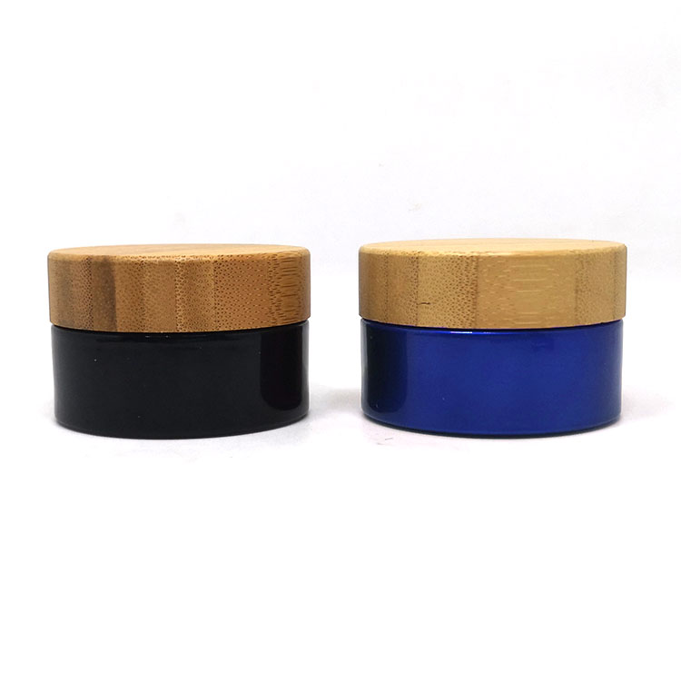 Eco friendly clear amber green blue black glass bamboo lid jar for cosmetic cream jars container