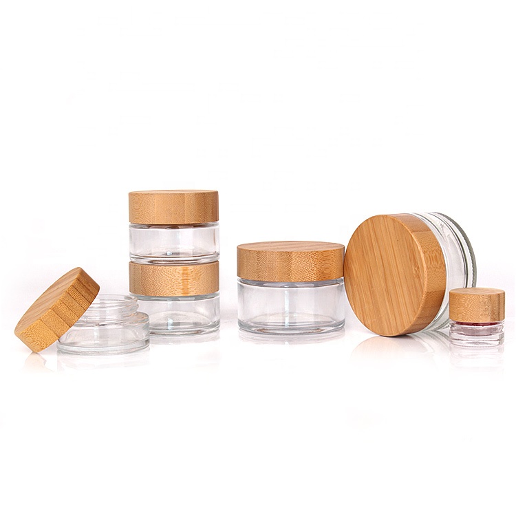 Eco friendly clear cosmetic containers 8ml 1oz 2oz 3oz 100ml glass jar with bamboo wood lid