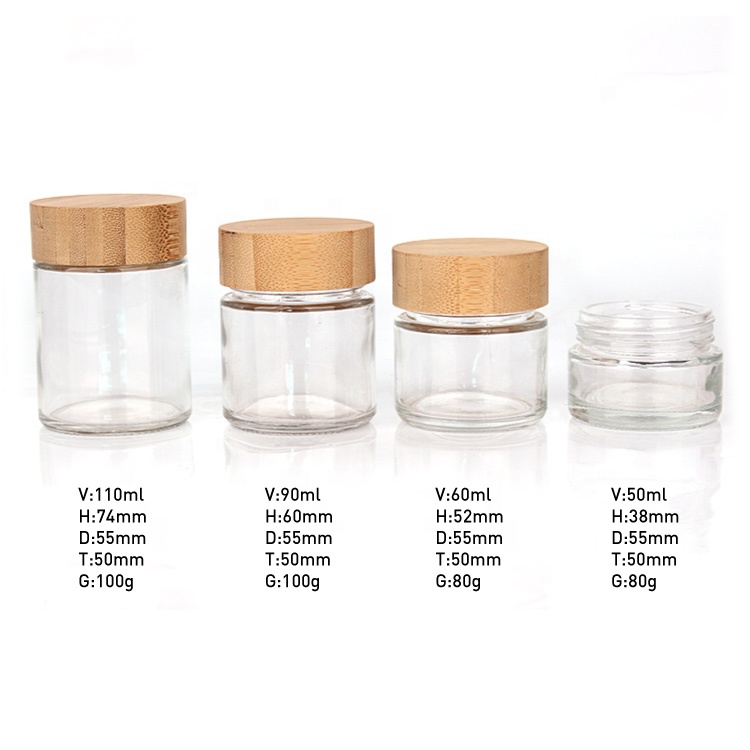Eco friendly clear cosmetic containers 8ml 1oz 2oz 3oz 100ml glass jar with bamboo wood lid