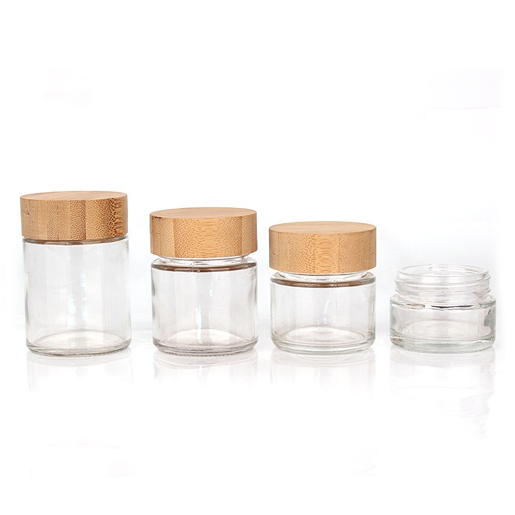 Eco friendly clear cosmetic containers 8ml 1oz 2oz 3oz 100ml glass jar with bamboo wood lid
