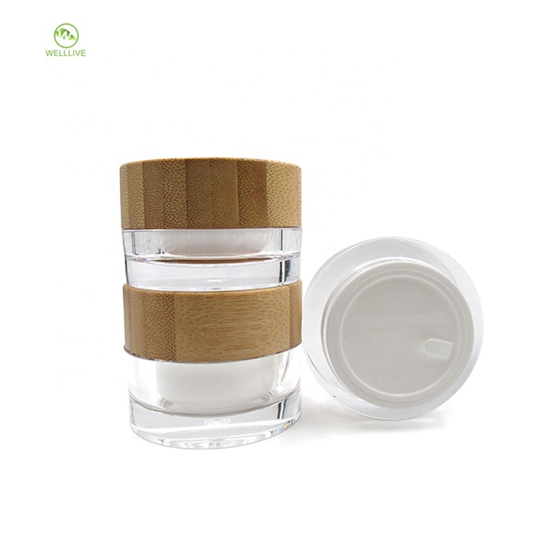 Eco friendly cosmetic container 15g 30g 50g 100g double layer clear acrylic cream jar with bamboo lid