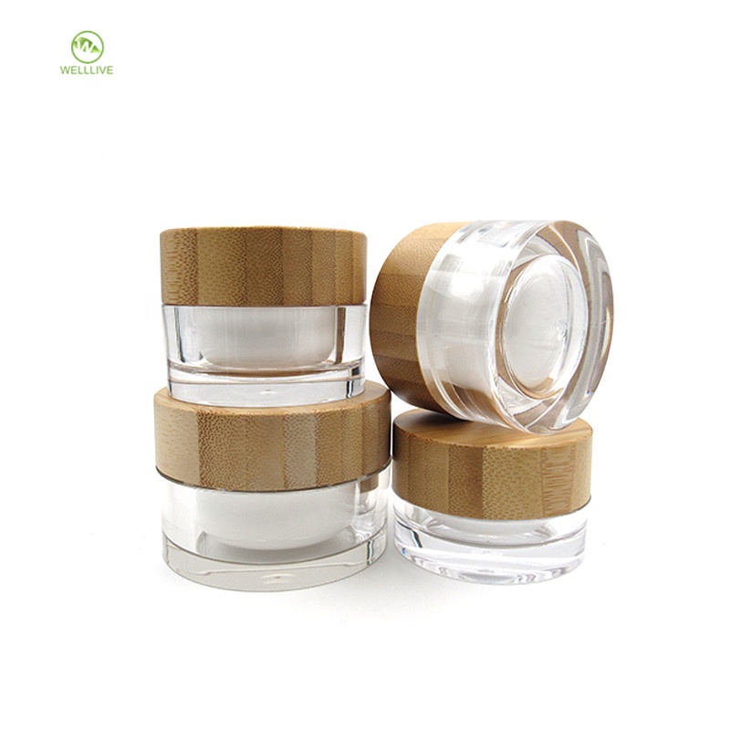 Eco friendly cosmetic container 15g 30g 50g 100g double layer clear acrylic cream jar with bamboo lid