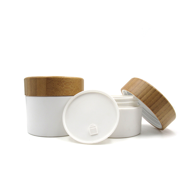 Eco friendly cosmetic containers 150g 150ml white plastic cream jar bamboo cap with inner pp