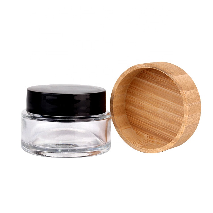 Eco friendly cosmetic containers 50ml round clear glass Cream Jar with bamboo lid