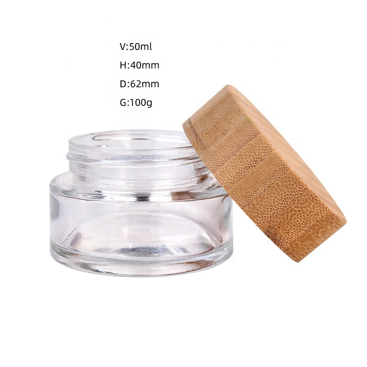 Eco friendly cosmetic containers 50ml round clear glass Cream Jar with bamboo lid